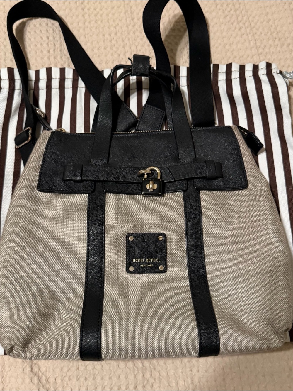 Henri Bendel Beige Canvas Backpack with Black Leather Trim